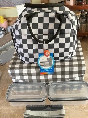 Black & White Checker Insulated Tote Bag with Containers